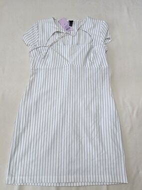 Target White Midi Dress with Black Pinstripes and Tie Neck